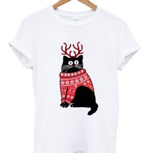 cat with christmas jumper meow t-shirt