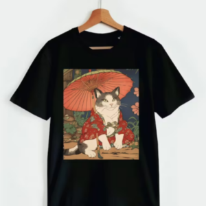 Adorable Geisha Cat With Parasol T-shirt thd